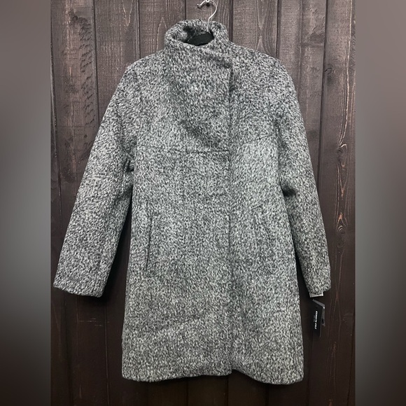 NWT Kenneth Cole Women's Asymmetrical Pressed Textured Wool Pea Coat Sz XS Gray - Picture 2 of 11